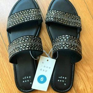 A New Day Flat Black Women Sandal with Silver Stones